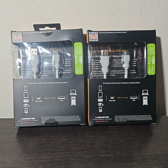 2 Monster USB to USB Mini Cable White Fast Charging 6 inches / .5 Ft - Picture 3 of 6